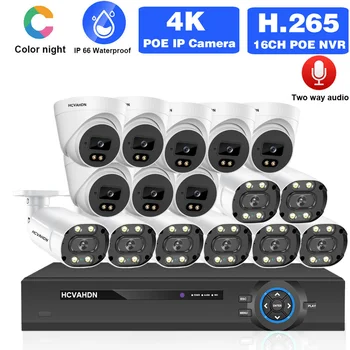 16CH 4K POE NVR Система охранителна Камера Двустранен Аудио IP Камера Комплект 8-Мегапикселова Цветен Нощен система за видеонаблюдение H. 265 8CH