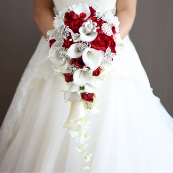2018 Нов водопад от червени сватбени цветя, букети за младоженци, култивирани перли, кристални сватбени букети, булчински букет от рози