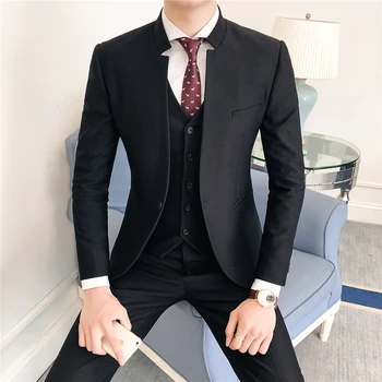 2019, обикновен мъжки официални бизнес костюми, мъжки бизнес костюми в китайски стил, 3 предмет, сватбени смокинги и костюми