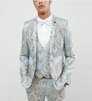 2020 Модерен Светло Син Мъжки костюм Модел, Комплект от 3 теми, Ежедневни Смокинги С Изрезки на Лацканах, Младоженците За Сватба/купоните (Блейзър + Жилетка + Панталони)