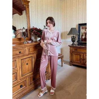2023, Есенни нови панталони Pleuche с дълъг ръкав, домашно облекло, лейси пижама в приказен стил, однотонная пижами за жени.