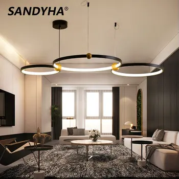 2023 Многокольцевая Комбинирана Полилей Led Лампа за Дневна Блясък Salon Design Luxe Лампара De Techo Черно Окачен Лампа