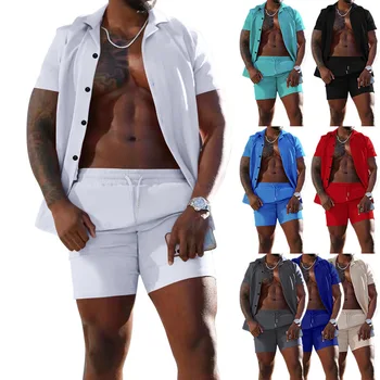 2023 Мъжки костюми, лятна жилетка с ревери, обикновена къси панталони с къси ръкави, всекидневен костюм от две части за мъже