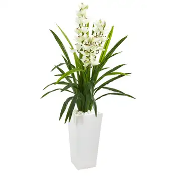 4,5 ' Изкуствено растение с зелени една орхидея цимбидиум в саксии бял