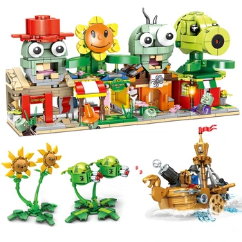 4 In1 комплекти строителни блокове на Plants vs Zombie Топла детска фигурка пречка пират труп Peashooter слънчоглед модел тухли, играчки, подаръци