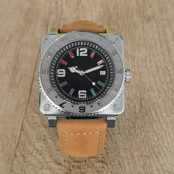 42 мм Мъжки часовник Без лого Стоманена Квадратен Корпус с Ириса на скалата, Черен Циферблат Снабден с японски механизъм NH35 Индивидуални часове