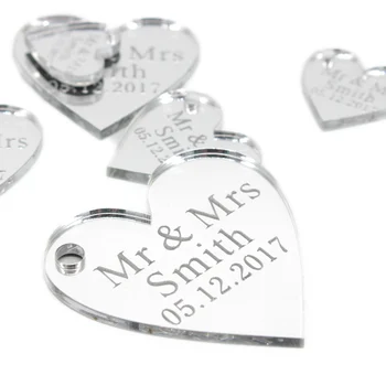50 * Персонализирани сватбени етикети с потребителско име Mr. & Mrs. Сребърно огледало, виси етикет с надпис Love, украса на центъра на масата, за кръщаване на дете, на партито по случай рождения ден