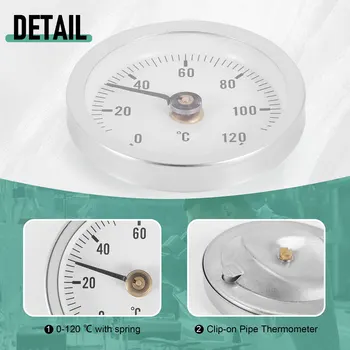 63 мм термометър със скоба за тръба, кръгла плоча за измерване на температурата, с пружина, обхват 0-120 ℃, алуминиев корпус, комплект от 5 бр.