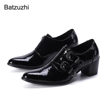 Batzuzhi/Мъжки обувки на висок ток 7,5, Черни Модела обувки от естествена кожа с остър бомбе, Мъжки Модел обувки с Катарами, Кожени Вечерни Обувки