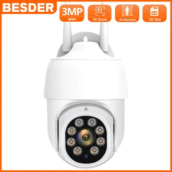 BESDER 3MP 2MP PTZ Wifi IP камера с 5-кратно цифрово увеличение, Автоматично следене на iCSee безжични високоскоростни куполни камери за външно наблюдение