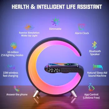 Big G Smart Light led безжично зарядно устройство Bluetooth високоговорител будилник С лека Бяла шум лампа за сън 2023 Новост