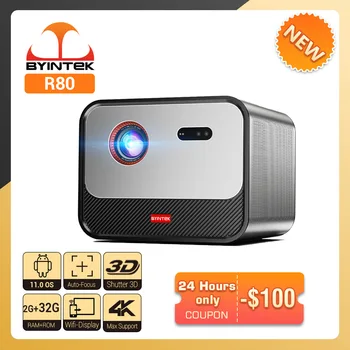 BYINTEK R80 Full HD, 3D, 4K 300-инчов кино AI лазерен автофокус, Android Smart WiFi Преносим led DLP видео проектор за домашно кино