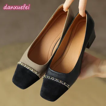 danxuefei / големи размери 34-42; дамски обувки-лодка от естествена кожа, различни цветове, в стил мозайка от квадратни пръсти, без закопчалка на среден ток с дебелина 5 см с веригата