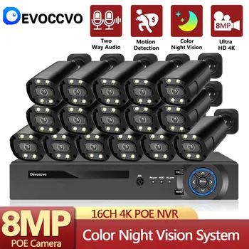 Devoccvo 16-канален 8-мегапикселова HD видео система за наблюдение на 4K POE NVR външен IP66 двустранен аудио цветен комплект за запис на IP камери за нощно виждане