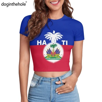 Doginthehole, Тънка тениска с Флага на Хаити, на Женската Сексуална Обтягивающая Тениска, Летни Меки Дишащи Съкратен Блузи За Момичета, Блуза с висока