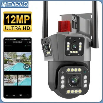 EVKVO 6K 12MP Трехобъективная WIFI PTZ Камера 4K Трехэкранная Външна AI Human Auto Tracking Сигурност и ВИДЕОНАБЛЮДЕНИЕ Камери за видеонаблюдение