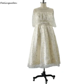 Feelingarden/ Вечерна рокля с къси ръкави, Цвят Шампанско, С кръгло деколте, Дължина до чай, Трапецовидна форма, по-Големи размери, Дамски официални рокли A2514