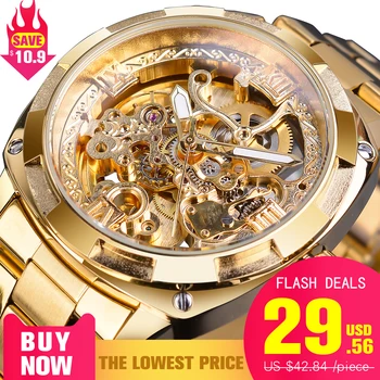 Forsining, модерен прозрачен мъжки автоматично механични часовници в ретро стил, най-добрата марка за луксозни часовници-скелет със златни светещи стрелки