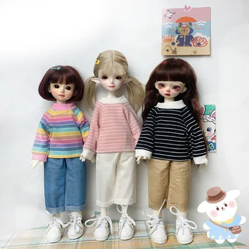 H02-026, детска играчка ръчна изработка, дрехи за кукли BJD/SD, трикотажная тениска на райета 1/6 30 см, широки дънкови панталони, 1 бр.