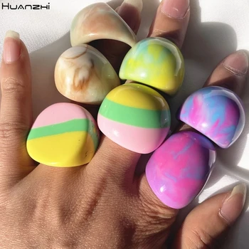 HUANZHI 2021 Нова бонбони от смола, многоцветни геометрични овални и кръгли пръстени, минималистичные пръстени за жени и момичета, летни декорации за пътуване