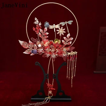 JaneVini Луксозен китайски сватбен фен с букет, златни пискюли, 3D цветя,-водни кончета са ръчно изработени, кух метален вентилатор, аксесоари за сватба