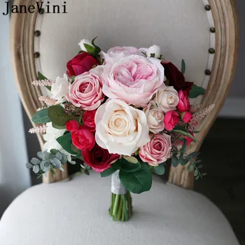 JaneVini Романтичен Розов Austin Rose Сватбени Цветя Букет На Булката Чар Червен Изкуствени Букети Цветя На Булката Божури За Сватба