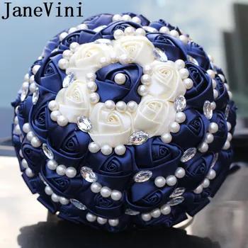 JaneVini тъмно синьо, расшитый мъниста и перли сватбен букет на булката, сатен на цветя букети, булчински букет от кристални рози, bruids boeket 2019