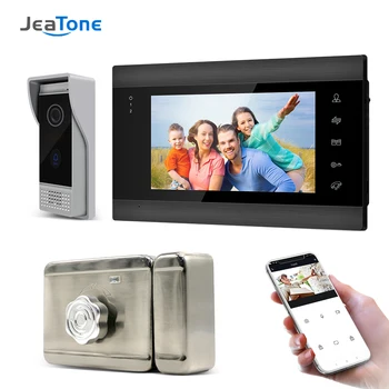 Jeatone 7-инчов безжичен WiFi видео домофон с подкрепата на електронното заключване и Дистанционно отключване Откриване на движение Запис на камерата портиер