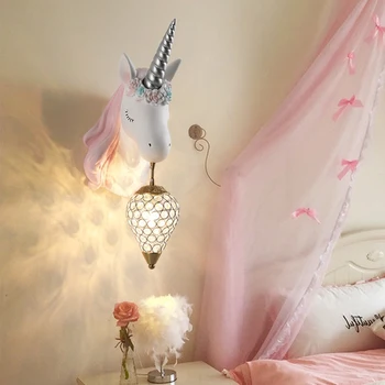 Led монтиран на стената лампа в скандинавски стил, творчески кристален лампа с единорогом, модерно домашно вътрешно осветление, нощна лампа за спални момичета, детски стая