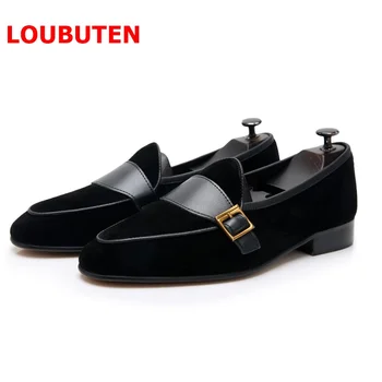 LOUBUTEN/ черна мъжки замшевая обувки, луксозни кожени лоферы с катарами, ежедневни обувки, без съединителни ръчно изработени, мъжки обувки за шофиране с плоска подметка