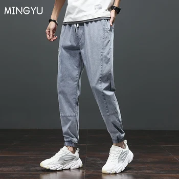 MingYu, Нови ежедневни дънки, мъжки обикновена дънкови панталони, мъжки ластични кръста, модни свободни преки младежки зреещи