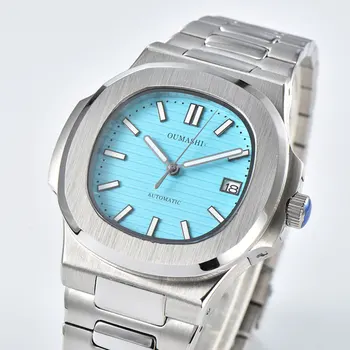 OUMASHI Ice Blue Мъжки автоматичен часовник в стил Nautilus Механични часовници Модерен бизнес спортни сапфирен кристал водоустойчивост 10 бара W