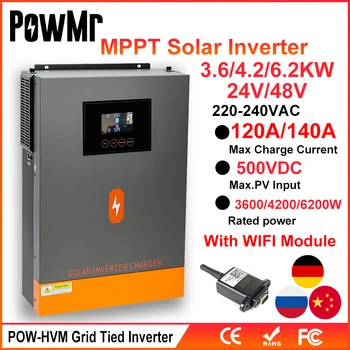 PowMr 6,2 кВт Мрежов Инвертор 48 до 230 vac с пускането на MPPT 120A и максимална слънчева панел 500 vdc за слънчева батерия Lifepo4