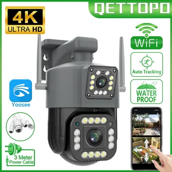 Qettopo 4K 8MP двухобъективная Wifi камера външна PTZ двухэкранная автоматична отслеживающая камера за видеонаблюдение Yoosee