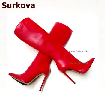 Surkova/ Червено-черни Матови ботуши над коляното на тънък висок ток с остър пръсти, Прост модел, Есенни и Зимни Улични модела обувки, Размер46