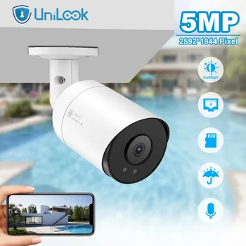 UnilLook 5MP Куршум IP Камера POE Вграден Микрофон, Слот за SD-карта, IR 30 м Камера за Видеонаблюдение Външна Сигурност IP66 H. 26