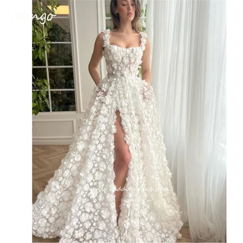 Verngo 2023, дантелени сватбени рокли с 3D цветя, сватбени рокли с цепка на бретелях, сватбени рокли цвят бяла слонова кост, вечерни рокли Robe de mariage