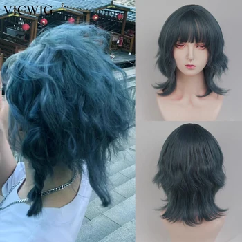 VICWIG сини къси къдрави перуки с бретон, синтетични женски перуки за cosplay в стил Лолита за дневна партита