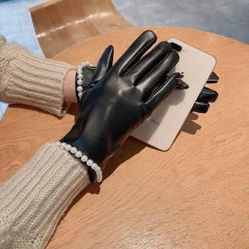 Winter And Autumn Women ' s PU Leather Gloves Full Finger Pearls Design Brand Warm Mittens Ръкавици Дамски Зимн