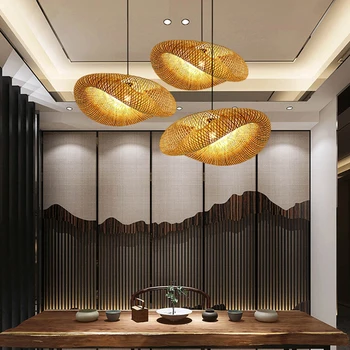 ZK40 окачен лампа във формата на сламени шапки, 50 см, бамбук окачен светлини, led тавана лампа, украса за дома и спални от ратан