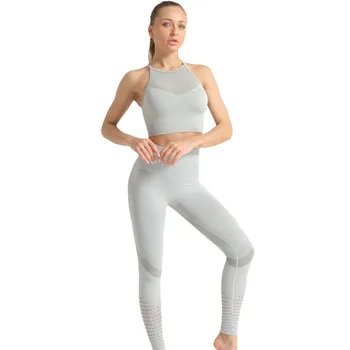 Безшевни женски комплект за йога топ с дълъг ръкав, с висока талия, спортен костюм с контрол на корема, спортни гамаши, комплект за фитнес, облекло, безшевни спортен костюм