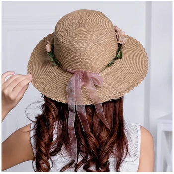 Венец, сламена шапка лятна шапка от слънцето, дамски елегантна шапка, дамски реколта шапки, сламена плажна шапка, дамски шапка с флорални шнурком
