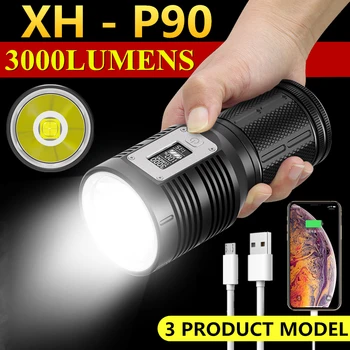 Висококачествен led фенерче P90, акумулаторна фенерче Type-c, зареждане, луксозен OLED дисплей, вграден 4 батерии 18650 за събиране