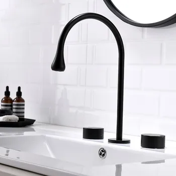 Висококачествен месинг смесител за мивка в банята с три дупки и две дръжки, миксер за басейни със студена и гореща вода, висококачествен меден смесител за баня
