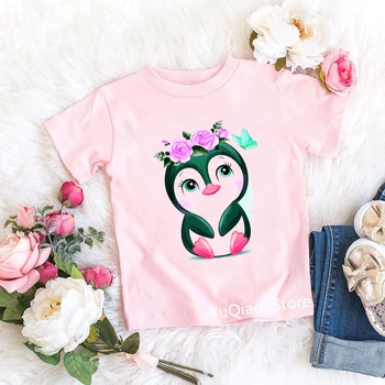 Висококачествена Розова тениска за момичета, Летен топ, Сладък Пингвин/Unicorn/Мечка/Котка/Ленивец/Куче/Птица, Детска тениска с домашен любимец принтом
