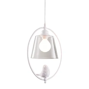 Висящи лампи в стил кънтри е в американски стил с шарени птици, бяла окачен лампа за хол, трапезария, спалня, стъклена окачена лампа E27