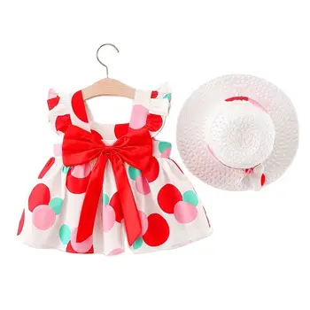Годишният дрехи, рокли за малки момичета, на корейското модно памучно принцеса рокля с хубаво анимационни принтом, комплект дрехи за новородено + солнцезащитная шапчица