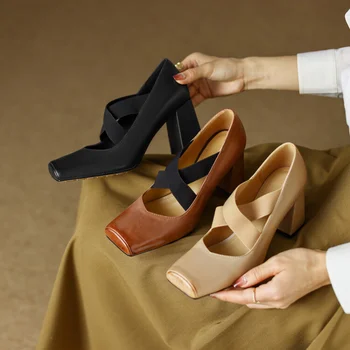 Дамски обувки Mary Jane/новост 2023 г., летните дамски обувки-лодка на високо квадратен ток с квадратни пръсти, дамски модни обувки, без закопчалка