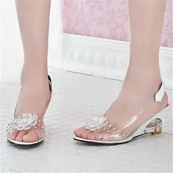 Дамски сандали голям размер, лятна новост, с кристали, на танкетке, с красиви цветове, прозрачен водоустойчив дамски желейная обувки за почивка