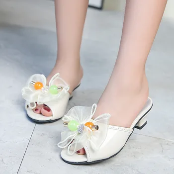 Детски модни домашни пантофи за момичета, сладък корейски сандали принцеса на ниски обувки, детски сандали свързани с лък, красиви обикновена сандали от изкуствена кожа